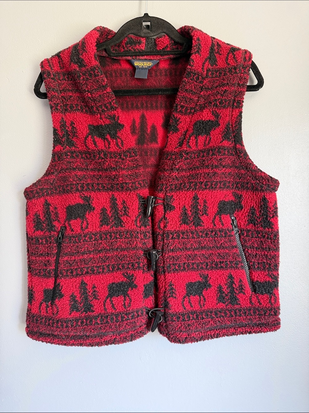 Woolrich VTG 90s Cabincore Moose Nordic Fleece Vest Toggle Closure Small